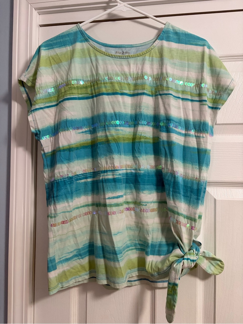 White Stag Aqua, Teal & Lime Striped Sequin Tie-Side Tee